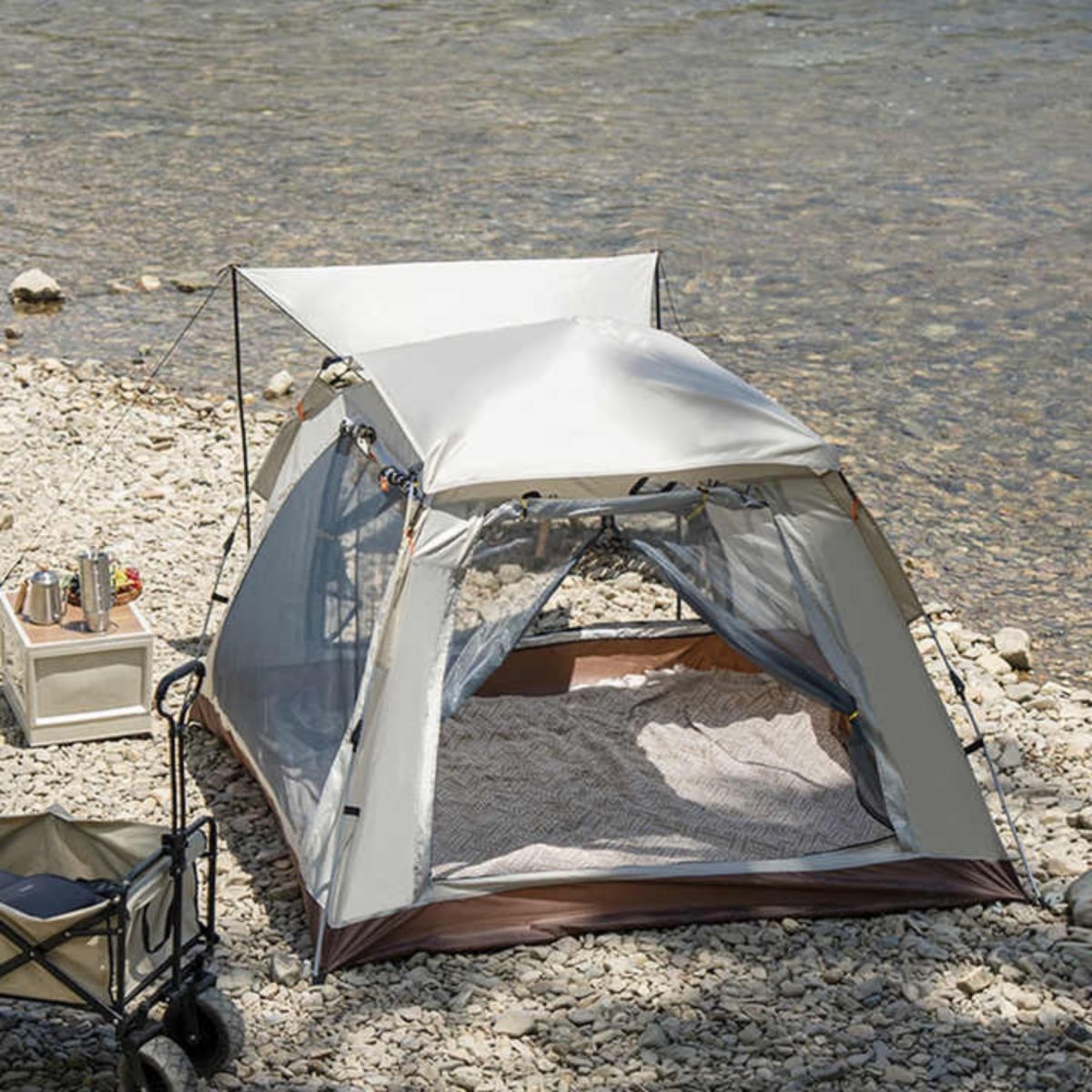 FULLY AUTOMATIC 4–6 PERSON CAMPING TENT WITH AWNING 240X240X155 CM (CREAM)