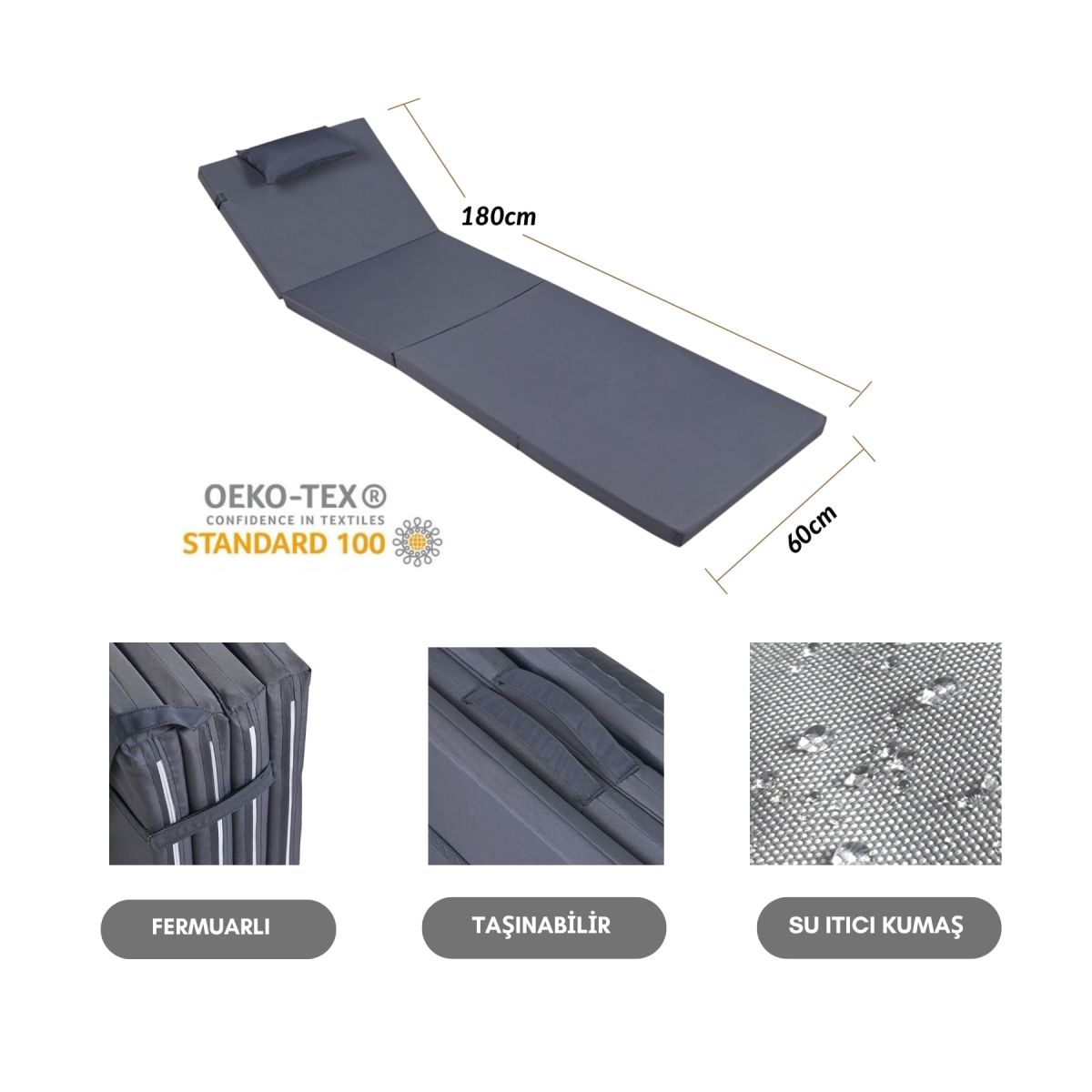 BYSAY Sun Lounger Cushion, Camping Mat with Zipper and Hood, 4 cm (Anthracite)