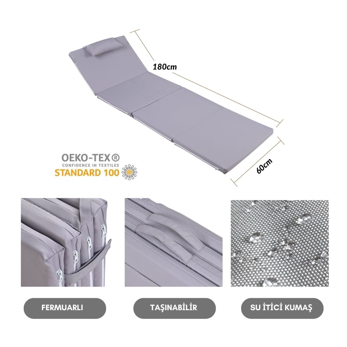 BYSAY Sun Lounger Cushion, Camping Mat with Zipper and Hood, 4 cm (Grey)