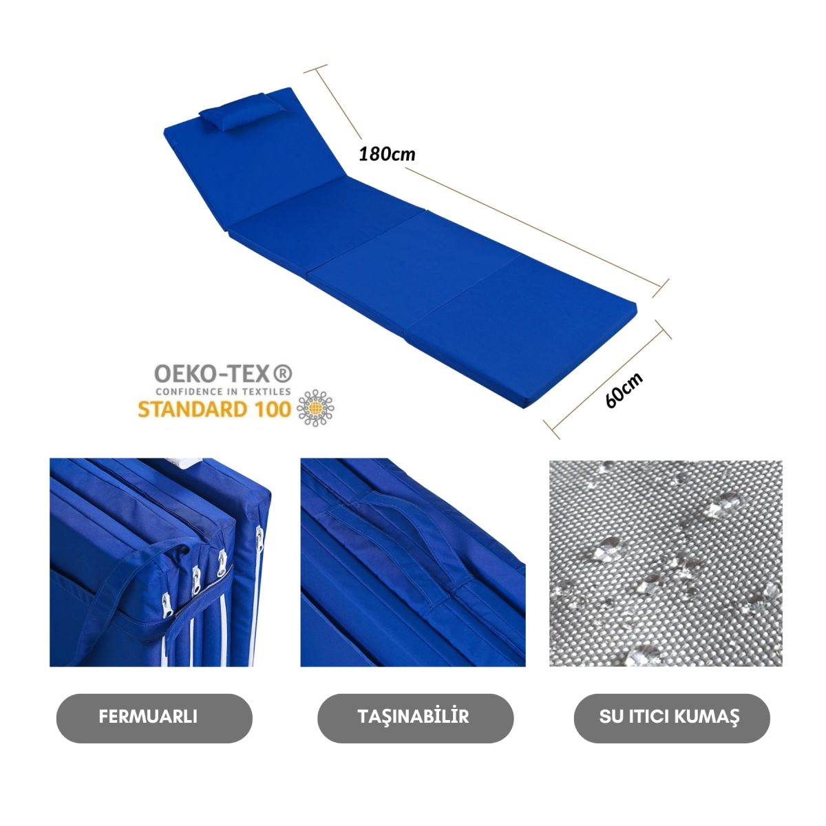 BYSAY Sun Lounger Cushion, Camping Mat with Zipper and Hood, 4 cm (Blue)