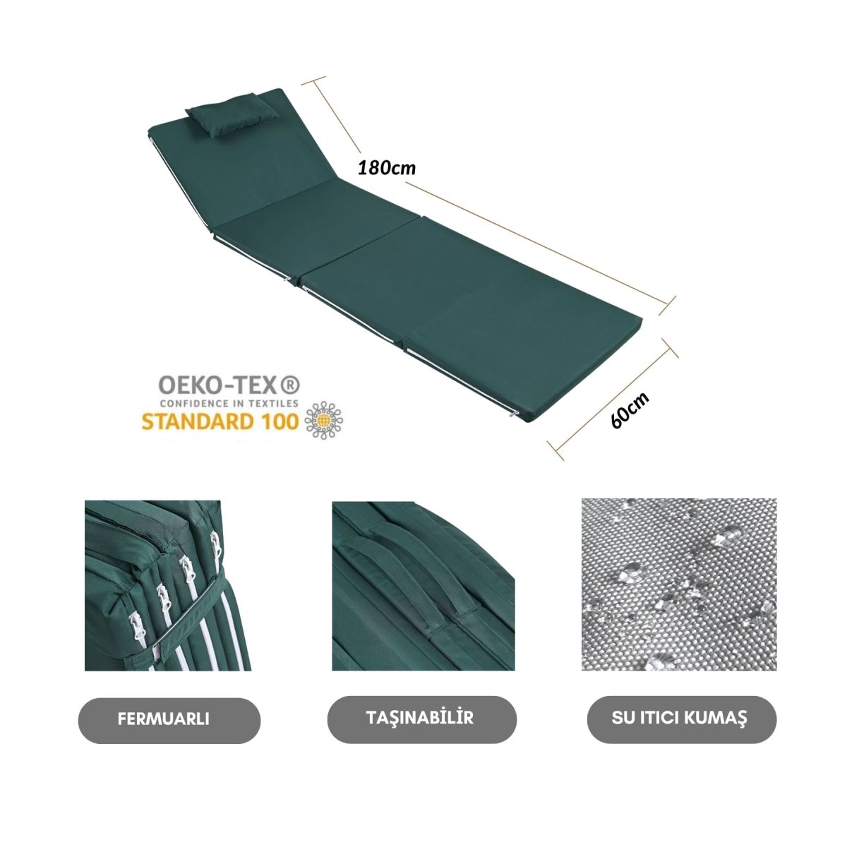 BYSAY Sun Lounger Cushion, Camping Mat with Zipper and Hood, 4 cm (Green)