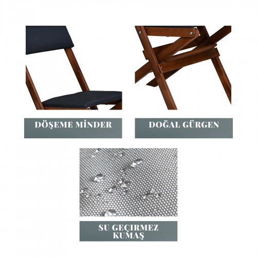 BYSAY AHŞAP DÖŞEME MİNDERLİ KATLANIR  BAHÇE MUTFAK BALKON TERAS SANDALYESİ (CEVİZ-ANTRASİT)