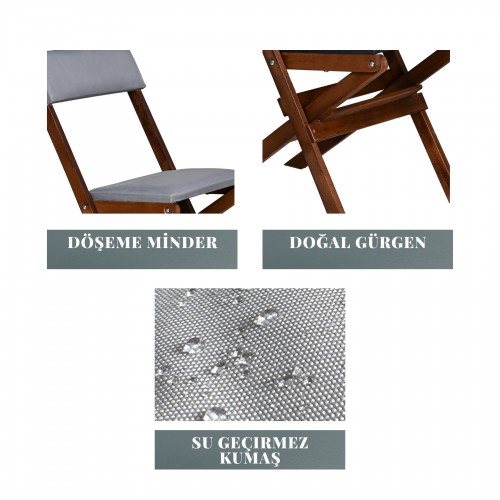 BYSAY AHŞAP DÖŞEME MİNDERLİ KATLANIR  BAHÇE MUTFAK BALKON TERAS SANDALYESİ (CEVİZ-GRİ)