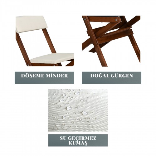 BYSAY AHŞAP DÖŞEME MİNDERLİ KATLANIR  BAHÇE MUTFAK BALKON TERAS SANDALYESİ (CEVİZ-KREM)