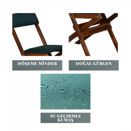 BYSAY AHŞAP DÖŞEME MİNDERLİ KATLANIR  BAHÇE MUTFAK BALKON TERAS SANDALYESİ (CEVİZ-YEŞİL)