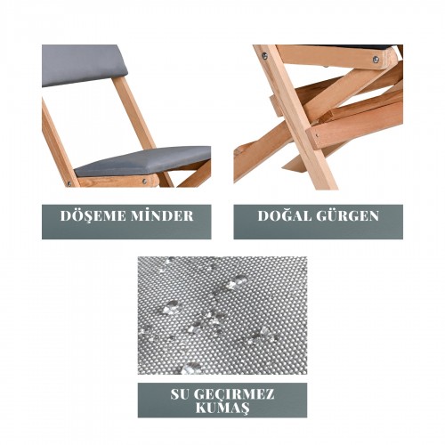 BYSAY AHŞAP DÖŞEME MİNDERLİ KATLANIR  BAHÇE MUTFAK BALKON TERAS SANDALYESİ (NATUREL-GRİ)