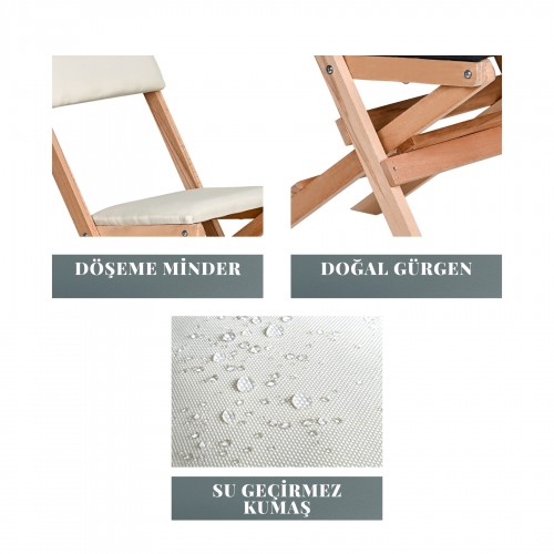 BYSAY AHŞAP DÖŞEME MİNDERLİ KATLANIR  BAHÇE MUTFAK BALKON TERAS SANDALYESİ (NATUREL-KREM)