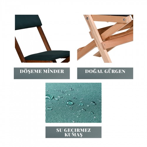 BYSAY AHŞAP DÖŞEME MİNDERLİ KATLANIR  BAHÇE MUTFAK BALKON TERAS SANDALYESİ (NATUREL-YEŞİL)
