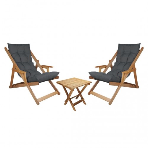 BYSAY AHŞAP KATLANABİLİR TAŞINIR PUF MİNDERLİ KOLLU  ŞEZLONG. PLAJ, BAHÇE, TERAS, BALKON İÇİN 3 LÜ SET (ANTRASİT)