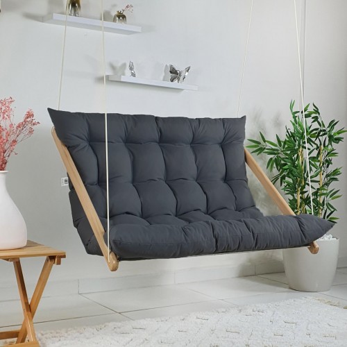 BYSAY AHŞAP PUF MİNDERLİ İKİLİ SALINCAK HAMAK. EV BALKON TERAS BAHÇE İÇİN (ANTRASİT)