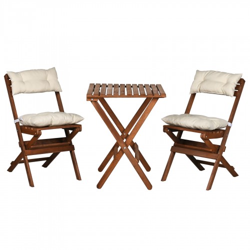 BYSAY WOODEN FOLDABLE BISTRO SET OF 3 WITH Cushions KITCHEN BALCONY GARDEN TABLE CHAIR SET (WALNUT-CREAM)