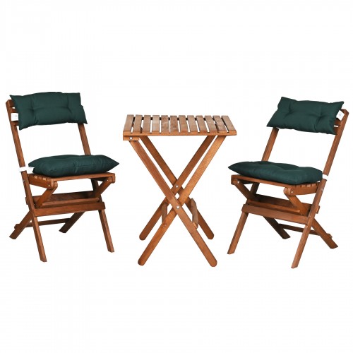 BYSAY WOODEN FOLDABLE BISTRO SET OF 3 WITH Cushions KITCHEN BALCONY GARDEN TABLE CHAIR SET (WALNUT-GREEN)