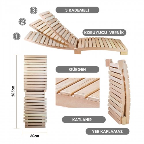 BYSAY AHŞAP KATLANABİLİR YATAR ŞEZLONG 3 KADEME PLAJ YATAĞI 3 LÜ SET (NATUREL)
