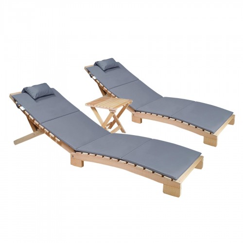 BYSAY AHŞAP KATLANABİLİR YATAR ŞEZLONG PLAJ YATAĞI MİNDER DAHİL 3 LÜ SET (NATUREL - GRİ)