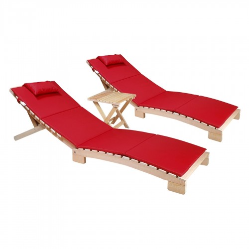 BYSAY AHŞAP KATLANABİLİR YATAR ŞEZLONG PLAJ YATAĞI MİNDER DAHİL 3 LÜ SET (NATUREL - KIRMIZI)