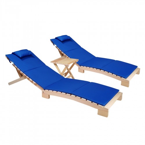 BYSAY AHŞAP KATLANABİLİR YATAR ŞEZLONG PLAJ YATAĞI MİNDER DAHİL 3 LÜ SET (NATUREL - MAVİ)