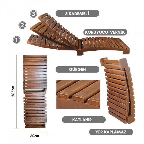 BYSAY AHŞAP KATLANABİLİR YATAR ŞEZLONG 3 KADEME PLAJ YATAĞI (CEVİZ)