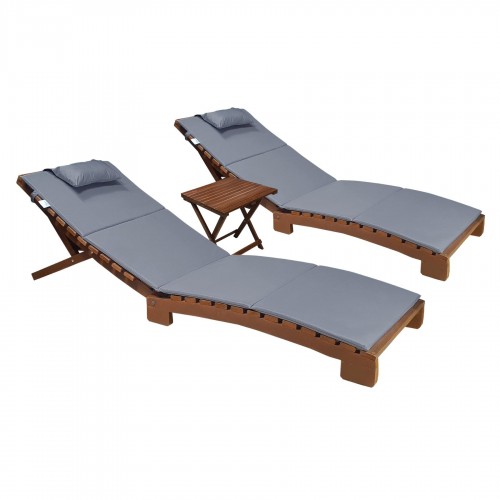 BYSAY AHŞAP KATLANABİLİR YATAR ŞEZLONG PLAJ YATAĞI MİNDER DAHİL 3 LÜ SET (CEVİZ - GRİ)