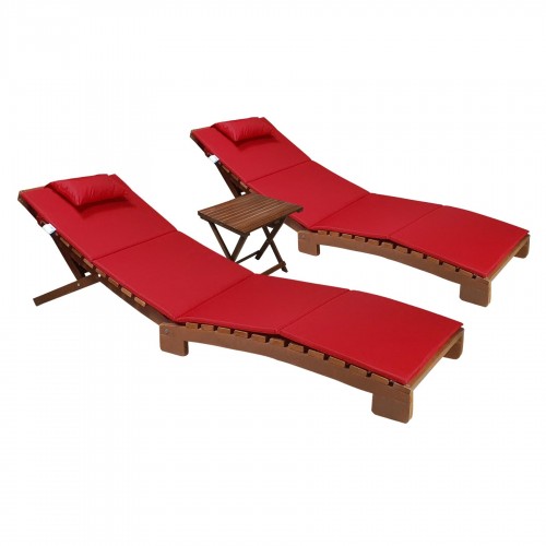 BYSAY AHŞAP KATLANABİLİR YATAR ŞEZLONG PLAJ YATAĞI MİNDER DAHİL 3 LÜ SET (CEVİZ - KIRMIZI)