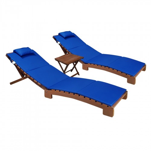 BYSAY AHŞAP KATLANABİLİR YATAR ŞEZLONG PLAJ YATAĞI MİNDER DAHİL 3 LÜ SET (CEVİZ - MAVİ)