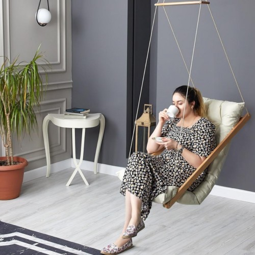 BYSAY AHŞAP PUF MİNDERLİ SALINCAK HAMAK. EV BALKON TERAS BAHÇE İÇİN (KREM)
