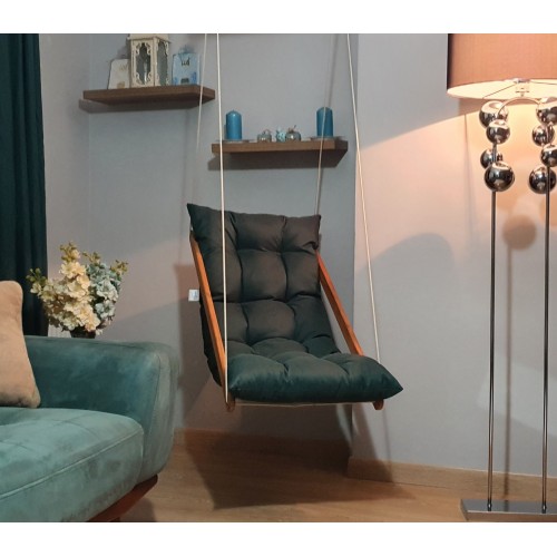 BYSAY AHŞAP PUF MİNDERLİ SALINCAK HAMAK. EV BALKON TERAS BAHÇE İÇİN (HAKİ)