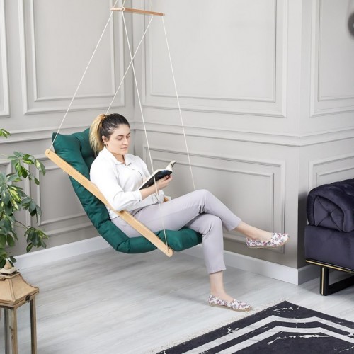 BYSAY AHŞAP PUF MİNDERLİ SALINCAK HAMAK. EV BALKON TERAS BAHÇE İÇİN (HAKİ)