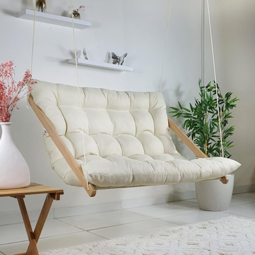 BYSAY AHŞAP PUF MİNDERLİ İKİLİ SALINCAK HAMAK. EV BALKON TERAS BAHÇE İÇİN (KREM)
