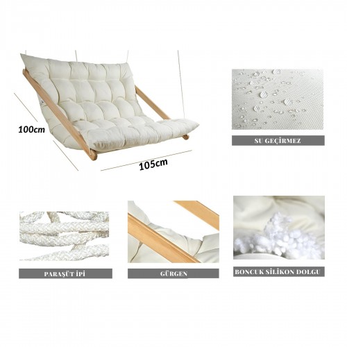 BYSAY AHŞAP PUF MİNDERLİ İKİLİ SALINCAK HAMAK. EV BALKON TERAS BAHÇE İÇİN (KREM)