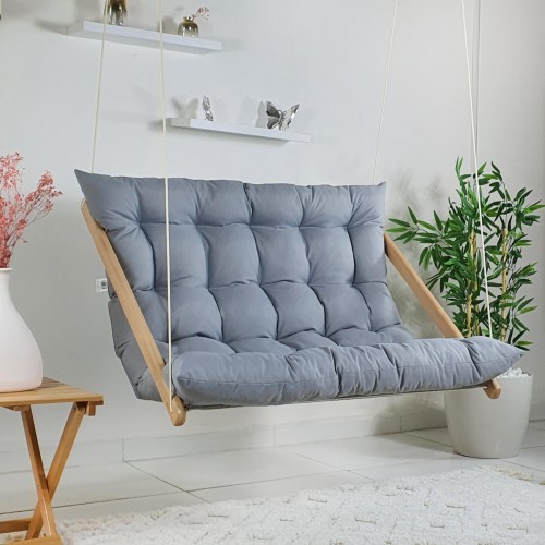 BYSAY AHŞAP PUF MİNDERLİ İKİLİ SALINCAK HAMAK. EV BALKON TERAS BAHÇE İÇİN (GRİ)