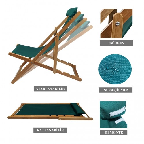 BYSAY AHŞAP KATLANABİLİR TAŞINIR ŞEZLONG. PLAJ, BAHÇE, TERAS, BALKON ŞEZLONGU. (HAKİ)