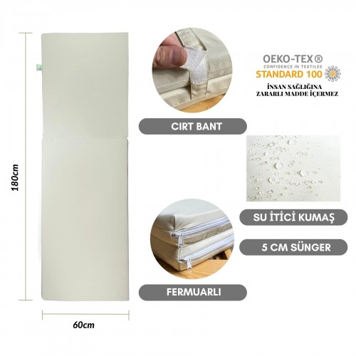 BYSAY TAŞINIR KATLANIR ŞEZLONG MİNDERİ KAMP MİNDERİ  SU İTİCİ KUMAŞ FERMUARLI 5 CM(KREM)