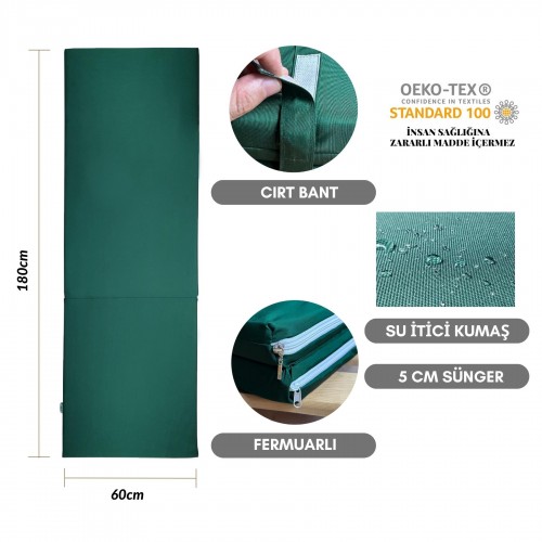 BYSAY TAŞINIR KATLANIR ŞEZLONG MİNDERİ KAMP MİNDERİ  SU İTİCİ KUMAŞ FERMUARLI 5 CM(YEŞİL)