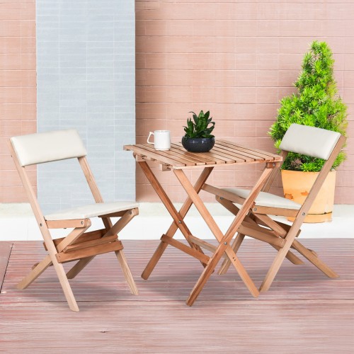 BYSAY AHŞAP KATLANIR DÖŞEME MİNDERLİ 3 lü BİSTRO SET BAHÇE TAKIMI (NATUREL-KREM)
