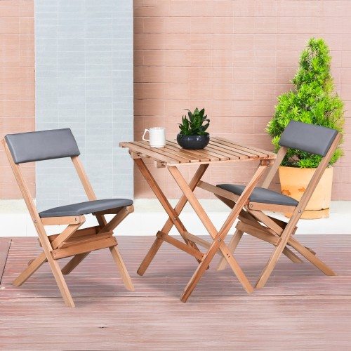 BYSAY AHŞAP KATLANIR DÖŞEME MİNDERLİ 3 lü BİSTRO SET BAHÇE TAKIMI (NATUREL-GRİ)