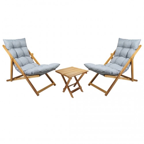BYSAY AHŞAP KATLANABİLİR TAŞINIR PUF MİNDERLİ ŞEZLONG. PLAJ, BAHÇE, TERAS, BALKON İÇİN 3 LÜ SET (GRİ)