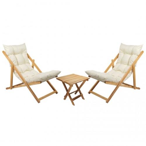 BYSAY AHŞAP KATLANABİLİR TAŞINIR PUF MİNDERLİ ŞEZLONG. PLAJ, BAHÇE, TERAS, BALKON İÇİN 3 LÜ SET (KREM)