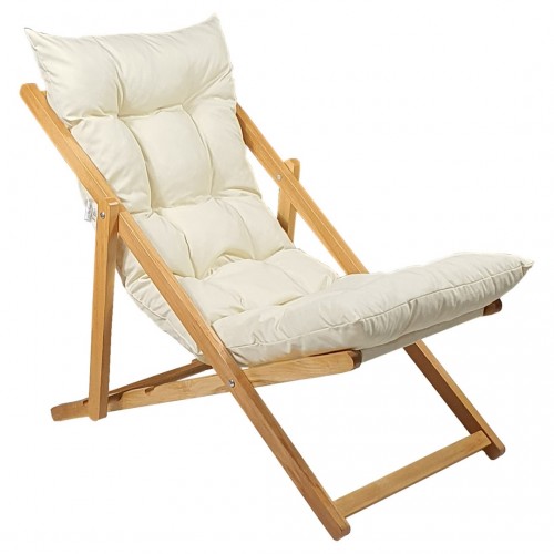 BYSAY AHŞAP KATLANABİLİR TAŞINIR PUF MİNDERLİ ŞEZLONG. PLAJ, BAHÇE, TERAS, BALKON İÇİN 3 LÜ SET (KREM)