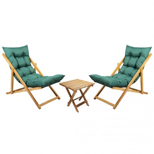 BYSAY AHŞAP KATLANABİLİR TAŞINIR PUF MİNDERLİ ŞEZLONG. PLAJ, BAHÇE, TERAS, BALKON İÇİN 3 LÜ SET (HAKİ)