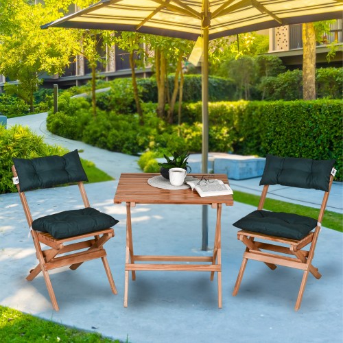 BYSAY AHŞAP KATLANIR PUF MİNDERLİ 3 lü BİSTRO SET BAHÇE TAKIMI (NATUREL-YEŞİL)