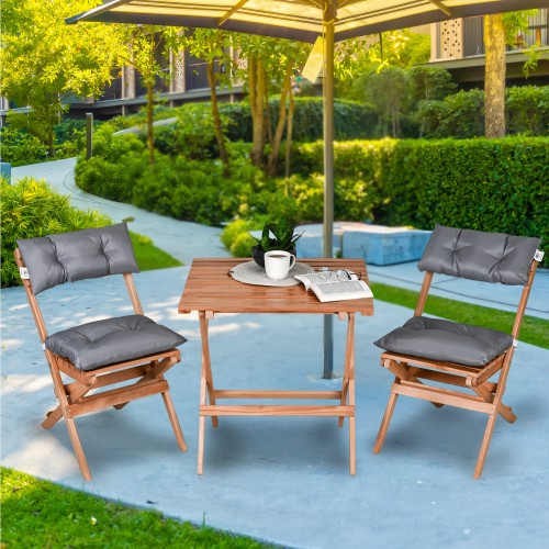 BYSAY AHŞAP KATLANIR PUF MİNDERLİ 3 lü BİSTRO SET BAHÇE TAKIMI (NATUREL-GRİ)