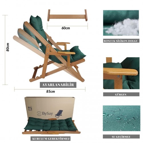 BYSAY WOODEN FOLDABLE PORTABLE POUCH CUSHION ARMREST. SET OF 3 FOR BEACH, GARDEN, TERRACE, BALCONY (GREEN)