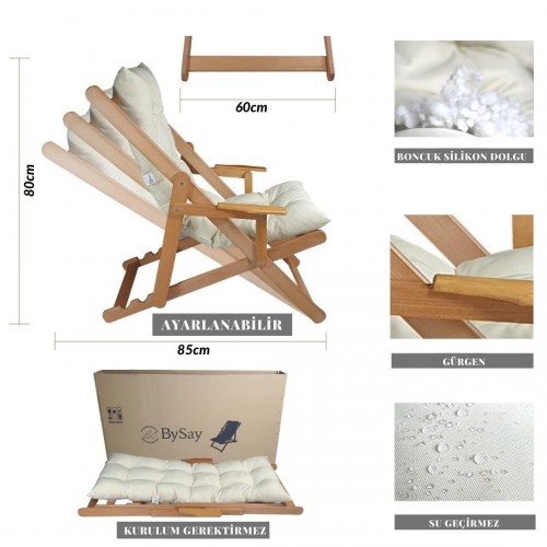 BYSAY WOODEN FOLDABLE PORTABLE POUCH CUSHION ARMREST. FOR BEACH, GARDEN, TERRACE, BALCONY (CREAM)