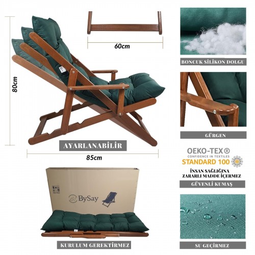 BYSAY WOODEN FOLDABLE PORTABLE POUCH CUSHION ARMREST. FOR BEACH, GARDEN, BALCONY (WALNUT-GREEN)