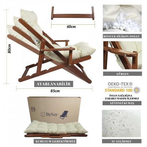 BYSAY WOODEN FOLDABLE PORTABLE POUCH CUSHION ARMREST. FOR BEACH, GARDEN, BALCONY (WALNUT-CREAM)