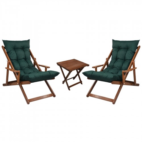 BYSAY AHŞAP KATLANABİLİR TAŞINIR PUF MİNDERLİ KOLLU ŞEZLONG. PLAJ, BAHÇE İÇİN 3 LÜ SET (CEVİZ-YEŞİL)