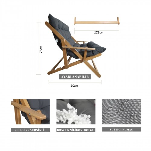 BYSAY AHŞAP KATLANABİLİR TAŞINIR PUF MİNDERLİ KOLLU ŞEZLONG PLAJ TERAS BALKON BAHÇE TAKIMI 4 LÜ SET (ANTRASİT)