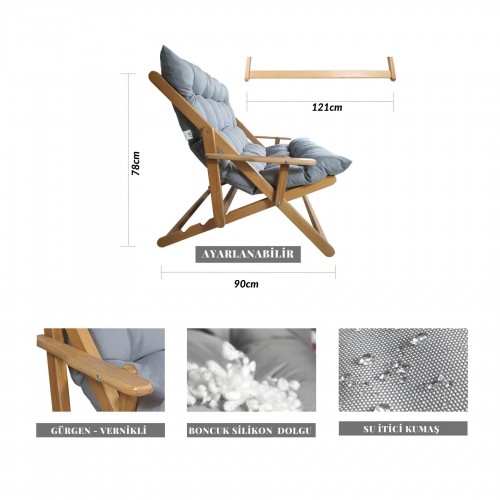 BYSAY AHŞAP KATLANABİLİR TAŞINIR PUF MİNDERLİ KOLLU ŞEZLONG PLAJ TERAS BALKON BAHÇE TAKIMI 4 LÜ SET (GRİ)