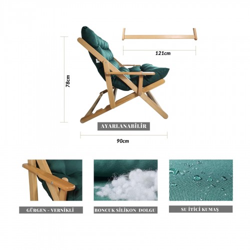 BYSAY AHŞAP KATLANABİLİR TAŞINIR PUF MİNDERLİ KOLLU ŞEZLONG PLAJ TERAS BALKON BAHÇE TAKIMI 4 LÜ SET (YEŞİL)
