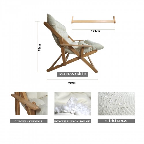 BYSAY AHŞAP KATLANABİLİR TAŞINIR PUF MİNDERLİ KOLLU ŞEZLONG PLAJ TERAS BALKON BAHÇE TAKIMI 4 LÜ SET (KREM)